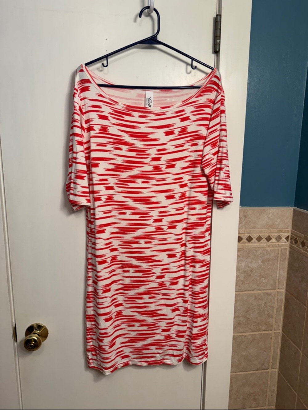 Red & White Patterned Knit Shift Dress